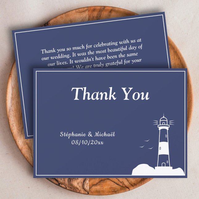 Marinho de farol Cartões de agradecimentos de Casa (Lighthouse Navy Blue Wedding Thank You Card)
