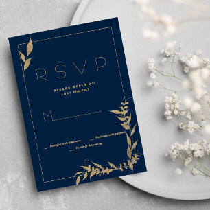 Marinho de luxo folhagem de ouro azul RSVP Convite