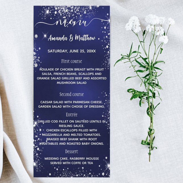 Marinho de menu casamento branco azul com brilho (Criador carregado)