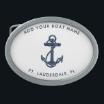 Marinho de Nome de Barco Moderno - Ancoragem Azul<br><div class="desc">Adicione o nome e a localização do seu barco ou capitão clicando no botão "Personalizar". Coloque a vela em estilo com o nosso barco personalizado de temas náuticos, o companheiro máximo para as vossas aventuras marítimas. Esta fivela de cinto ostenta um design bonitinho inspirado pelas maravilhas do oceano, apresentando modos...</div>