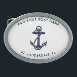 Marinho de Nome de Barco Moderno - Ancoragem Azul<br><div class="desc">Adicione o nome e a localização do seu barco ou capitão clicando no botão "Personalizar". Coloque a vela em estilo com o nosso barco personalizado de temas náuticos, o companheiro máximo para as vossas aventuras marítimas. Esta fivela de cinto ostenta um design bonitinho inspirado pelas maravilhas do oceano, apresentando modos...</div>