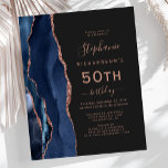 Marinho de Orçamento Azul Rosa Dourado Agate 50º A<br><div class="desc">A borda esquerda deste elegante e moderno convite de aniversário 50º apresenta uma marinho azul de aquarela agate borda aparada com cintilação falsa rosa. O texto personalizável combina manuscritos rosa, copperplate e fontes itálicas em um fundo preto de ardósia. O verso apresenta um design marinho de agate azul e rosa...</div>