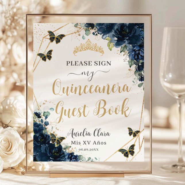 Marinho de Orçamento Blue Floral Quinceanera 16 Li (navy-blue-floral-butterflies-gold-tiara-quinceanera-sweet-16-birthday-party-cheap-guest-book-signage)