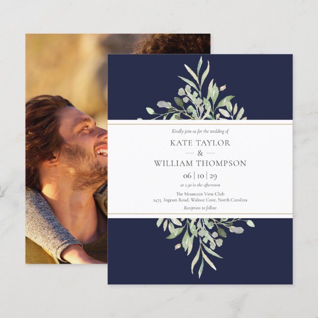 Marinho de Orçamento Blue Greenery Foto Convite pa (Frente/Verso)