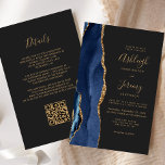 Marinho de orçamento Convite de casamento de códig<br><div class="desc">Economize o custo de imprimir e enviar cartões RSVP separados com este elegante convite de casamento de orçamento integral. A borda esquerda apresenta uma marinho azul de aquarela agate borda aparada com brilho dourado. O texto personalizável combina manuscrito dourado, fontes em copperplate e itálico em um fundo preto de slate....</div>