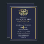 Marinho de Orçamento Mascarada Azul e Dourado Doce<br><div class="desc">Marinho De Orçamento Azul E Mascarada Dourado Doce 16 Convites de festas. Apresentando uma máscara de folha de alumínio dourada falsa no topo contra um fundo azul marinho. Perfeito para uma festa de aniversário 16 moderna,  mas elegante!</div>