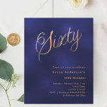 Marinho de script de ouro azul 60.o convite de ani<br><div class="desc">Um convite moderno e na moda para uma 60ª festa de aniversário. Um fundo azul marinho,  incolor,  e a palavra Sessenta escrita com letras elegantes e grandes em dourado falso. Personalize e adicione um nome e detalhes da parte. 1 folha = 1 convite impresso de borda a borda.</div>