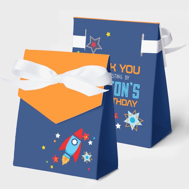 Marinho do Foguete Externo e Caixas de Favoritos d (Outer Space Rocket Navy & Orange Gift Favor Boxes)