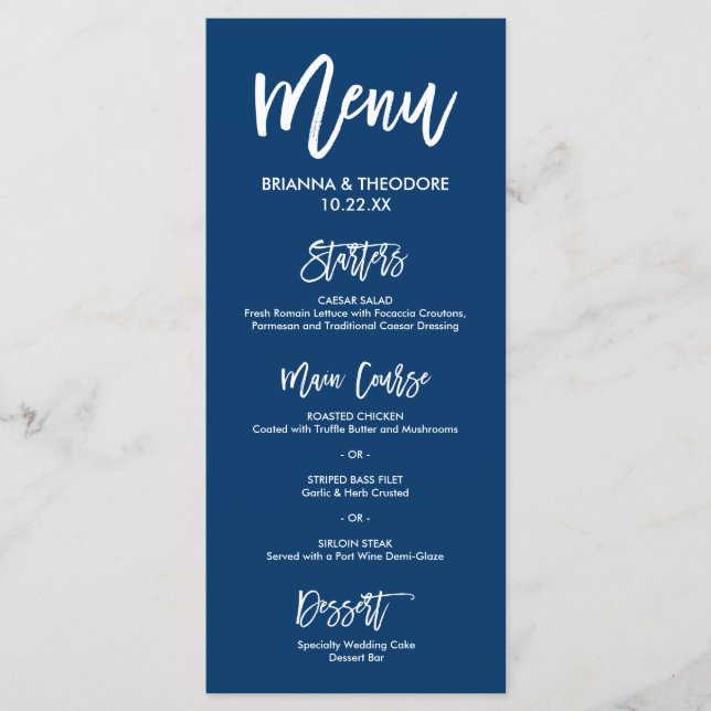 Marinho do Menu Casamento com Letra Chic Mão Azul (Frente)