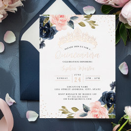 Marinho Dourado Quinceanera Foil Floral Convite