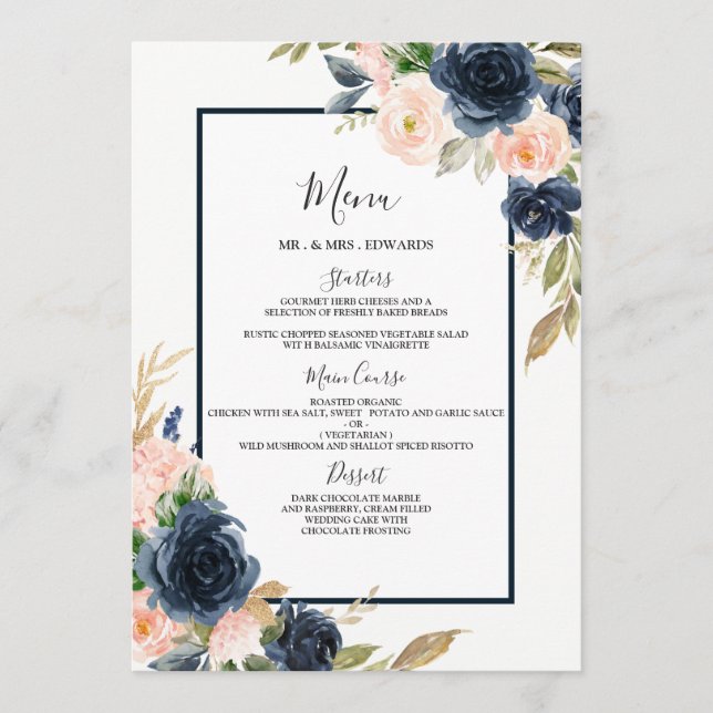 Marinho e Blush Floral Noivado Border Menu (Frente)