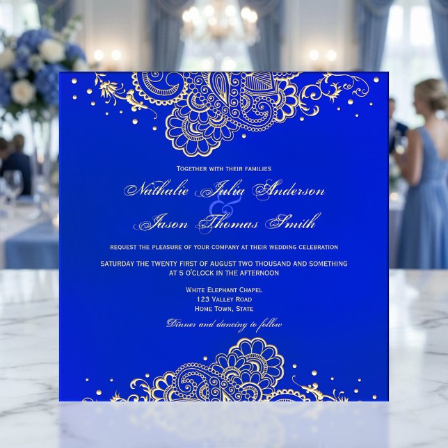 Marinho e Convite para Casamento Real Azul Henna L (Elegant navy and royal blue wedding invitation featuring a gold styled henna inspired design)