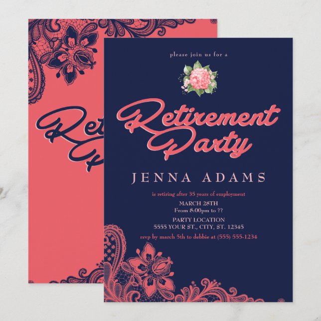 Marinho e Coral, Convites de festas de aposentador (Frente/Verso)