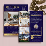 Marinho E Dourado Abrir Casa Para Folheto De Venda<br><div class="desc">Folheto de marketing da Casa Moderna para Venda com fotos, seu logotipo, detalhes de contato e informações sobre propriedades. Este marinho azul- personalizável e falso folheto de ouro aberto apresenta um design moderno com espaço para 5 fotos, filmes elegantes de ouro, espaço para detalhes de propriedades com ícones para cada...</div>