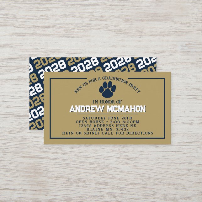 Marinho e Dourados convites para minigraduação Paw (Navy Blue & Gold Pawprint Mini Graduation Invites for Friends, Team Mates or as Inserts!)