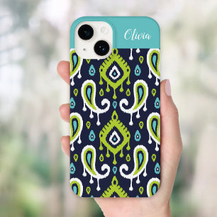 Marinho e Monograma Verde de Ikat Paisley