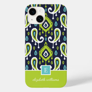 Marinho e Monograma Verde de Ikat Paisley