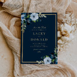 Marinho e ouro floral Guardar o cartão de data<br><div class="desc">lindas flores azuis com um quadro de ouro e texto elegante. As cores e o texto podem ser personalizados.</div>