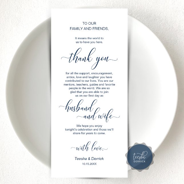 Marinho Elegante Azul, Cartões de agradecimentos d (Wedding Dinner or Elopement Brunch Place Setting Thank You Card, In Modern Classy Navy Blue)