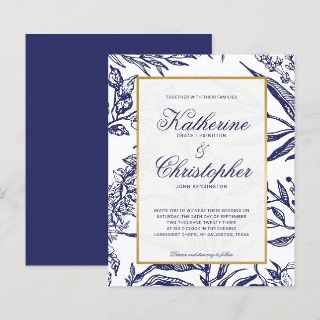 MARINHO Elegante Blue Dourado Casamento Botânico (Frente/Verso)