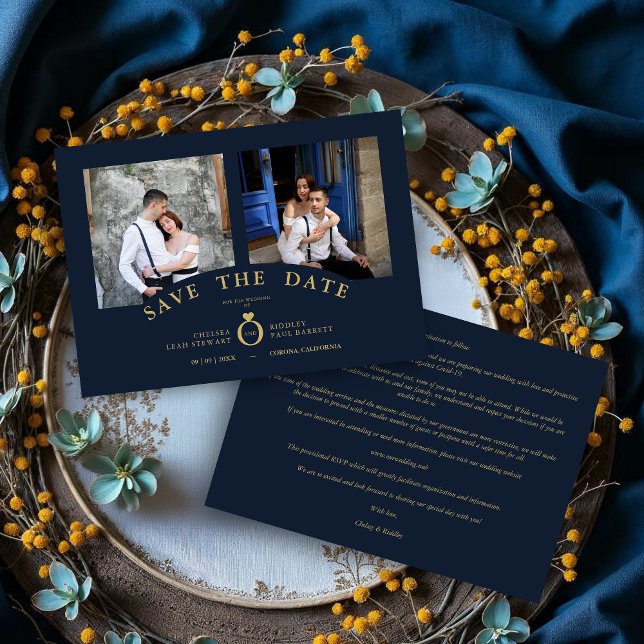 Marinho Elegante Dourado 2 Fotos Sofisticadas Casa (Navy Elegant Gold 2 Photos Sophisticated Wedding Save the Date Cards.)