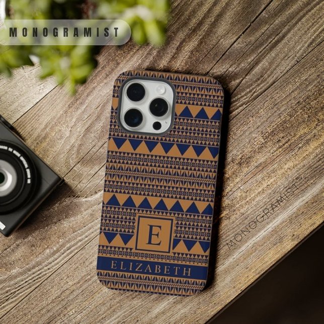 Marinho Escuro de Cobre Personalizável Aztec (Customizable Copper Brown Dark Navy Blue Aztec iPhone Case)