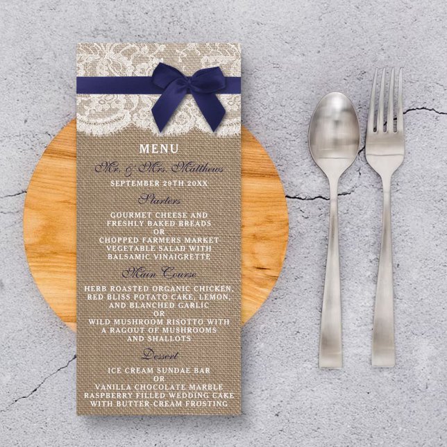 Marinho Fita No Burlap & Lace Wedch Menu (Criador carregado)