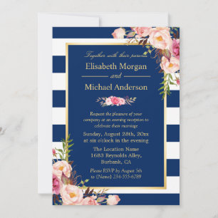 Marinho Floral Azul - Convite De Casamento À Noit