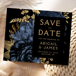 Marinho Floral Azul Dourado Casamento Salva a Data