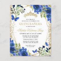 Marinho Floral Azul, Dourado Quinceañera Convite