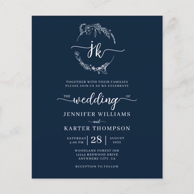 MARINHO Floral  Azul Monograma Foto Casamento (Frente)