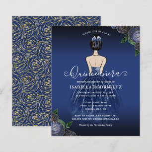 Marinho Floral Princesa Dourada Quinceañera