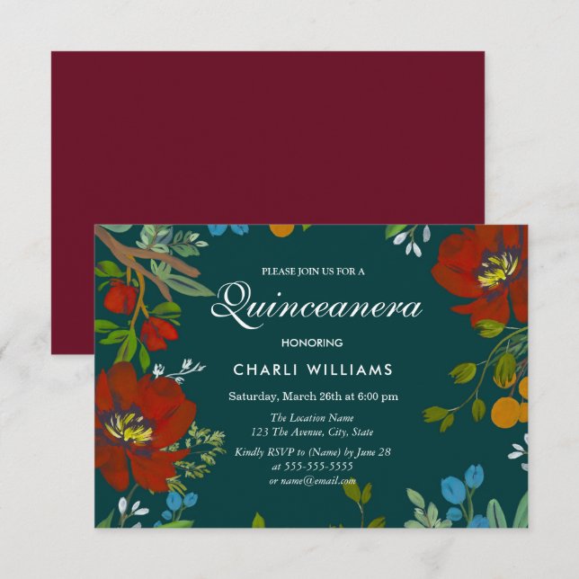 Marinho Foral Botânico Quinceanera - Convite (Frente/Verso)