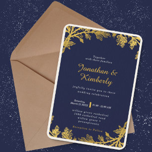 Marinho Luxuoso e Convite para Casamento Dourado