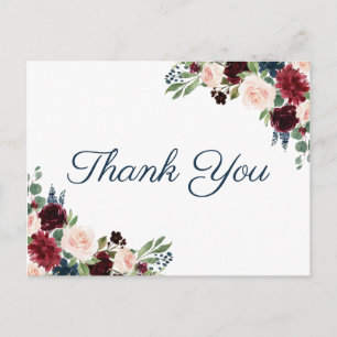 Marinho Marsala Casamento Floral Obrigado Cartões 