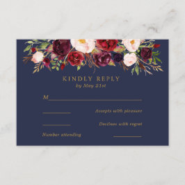 Marinho Marsala Flores de Casamento Cartão RSVP