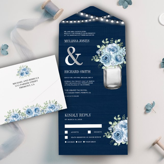 Marinho Mason Jar Dusty Blue Floral Casamento (Criador carregado)