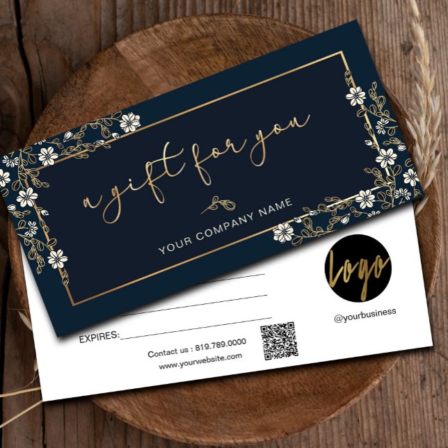 Marinho Moderno E Certificado De Oferta De Logotip (Modern Navy And Gold Add Logo Gift Certificate #floralgiftcard #navyandgold #addlogo #fauxgold)