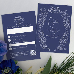 Marinho monograma azul florescendo casamento RSVP