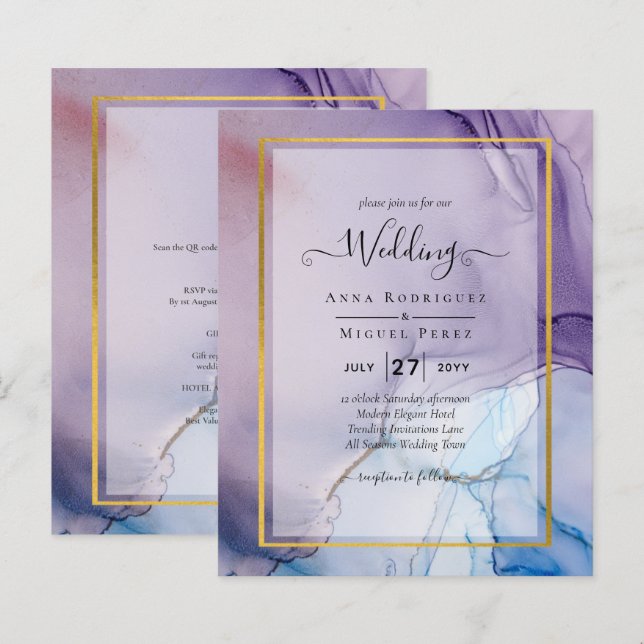 Marinho Roxo Convite de casamento Dourado Azul (Frente/Verso)