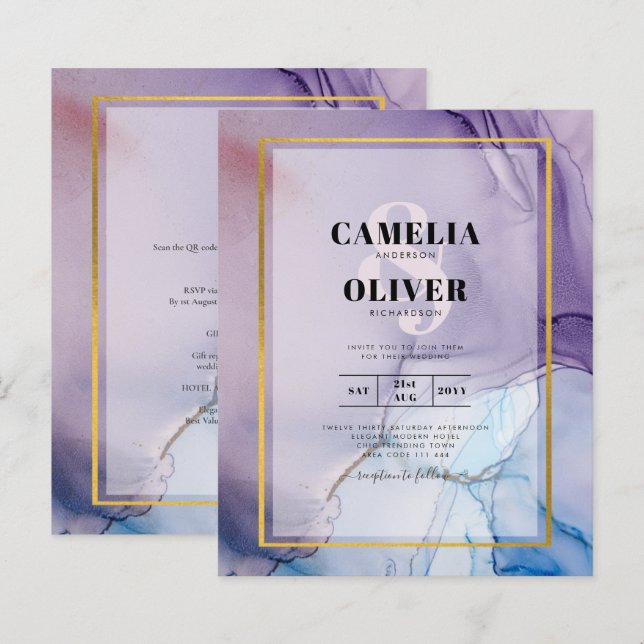 Marinho Roxo Convite de casamento Dourado Azul (Frente/Verso)