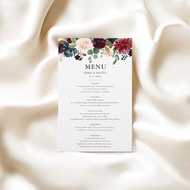 Marinho Rustic Burgundy Blue Floral Menu (Criador carregado)