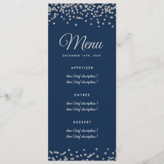 Marinho Silver Faux Glitter Confetti no Menu Casam (Frente)