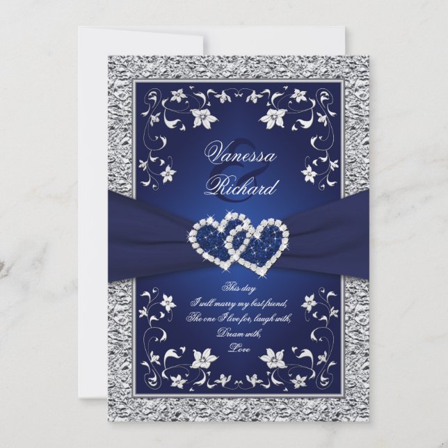 Marinho Silver Floral Hearts FAUX Foil Convite de  (Frente)