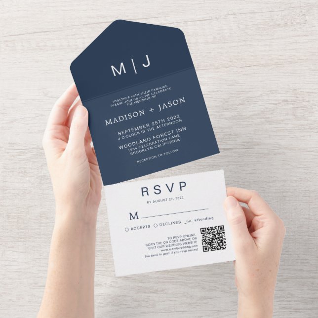 Marinho simples azul monograma QR Casamento de cód (Aba destacável)