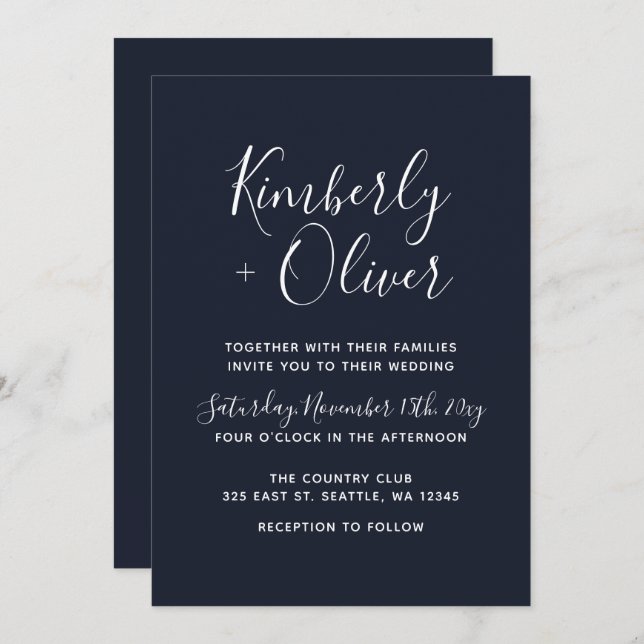 Marinho Simples Caligrafia Convite Moderno para Ca (Frente/Verso)