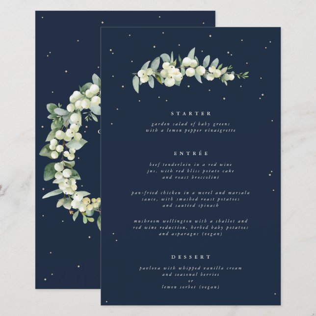 Marinho Snowberry+Eucalyptus 3 - Menu de Casamento (Frente/Verso)