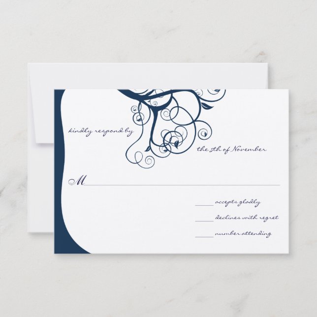 Marinho Tree Swirls Convites RSVP de Casamento (Frente)