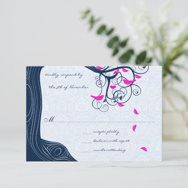 Marinho Tree Swirls Convites RSVP de Casamento (Em pé/Frente)