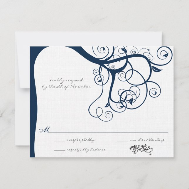 Marinho Tree Swirls Convites RSVP de Casamento (Frente)